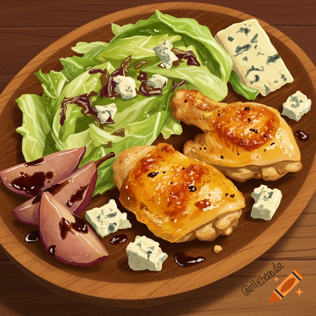 A meal with chicken, cabbage salad, balsamic pears, and blue cheese