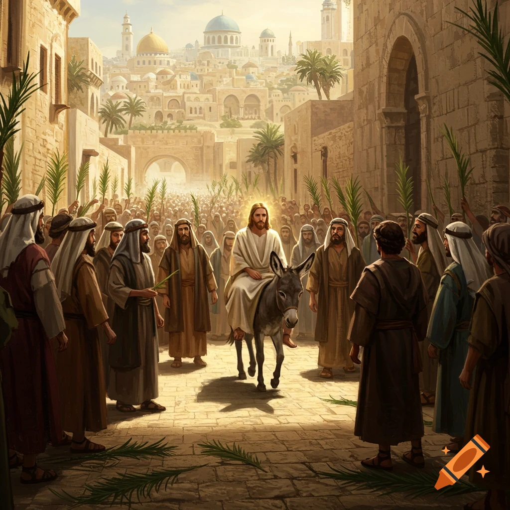 A depiction of Jesus riding a donkey into a city street lined with a crowd holding palm branches.