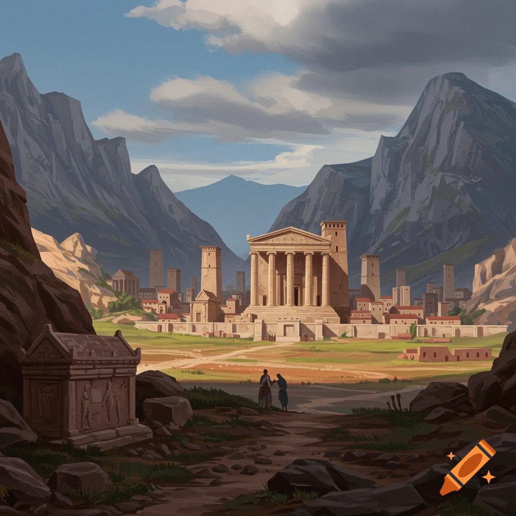 An ancient city with a large temple is surrounded by mountains. A tomb is in the foreground, and two figures walk on a path.