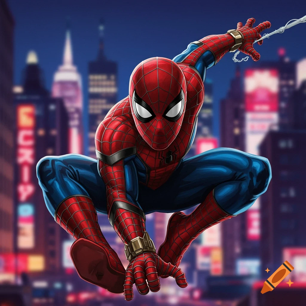 Spider-Man crouching in a city with buildings and lights in the background.