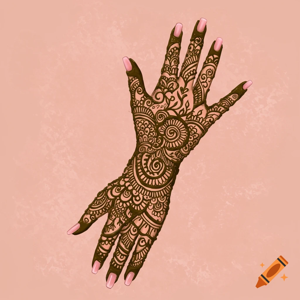 A hand adorned with intricate henna design on a textured pink background.