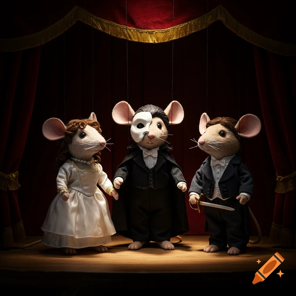 Three puppet mice dressed as Phantom of the Opera characters on a stage.