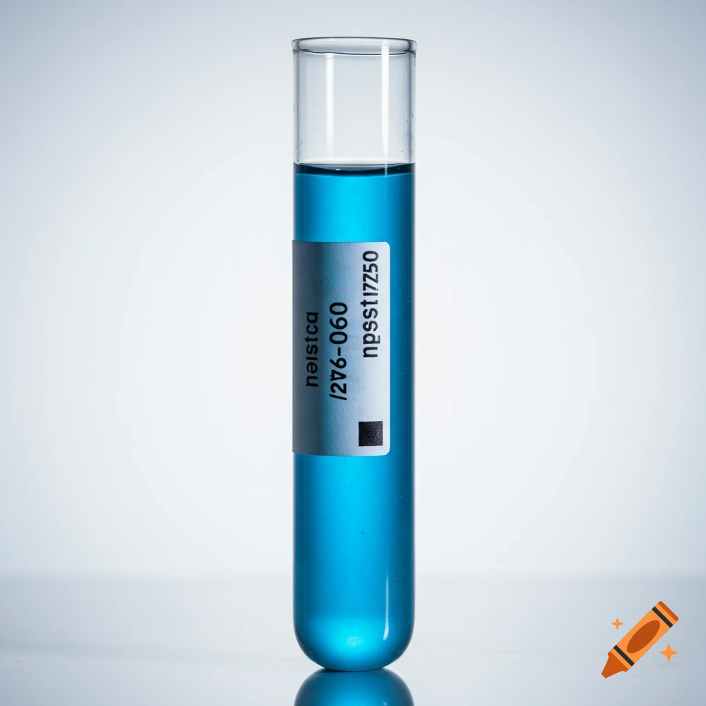 A test tube filled with blue liquid and a label