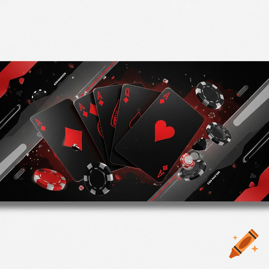 Playing cards, including aces and a queen, with poker chips and abstract red and black background