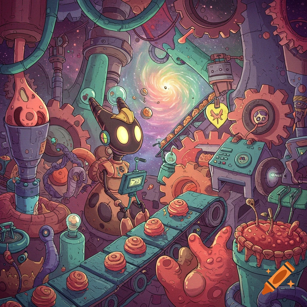 Whimsical digital illustration of a robot operating machinery in a colorful space factory with gears and a conveyor belt.