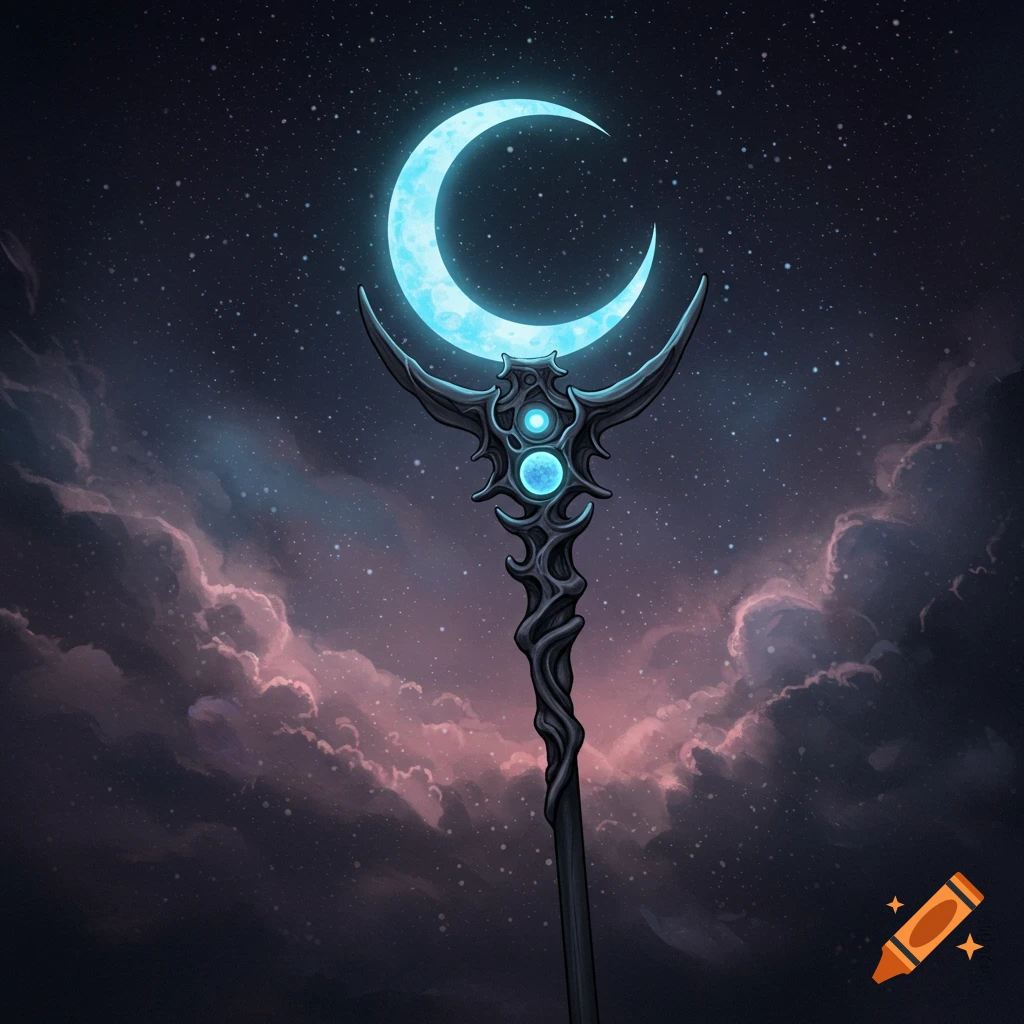A magic staff with a glowing blue crescent moon against a starry night sky with clouds.