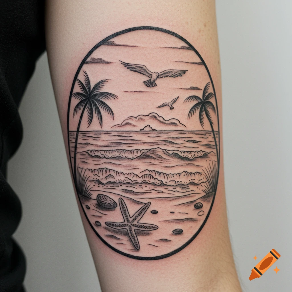 Black outline tattoo of a beach scene with palm trees, ocean, seagulls, starfish on an arm.