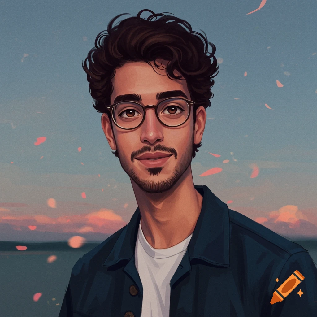 A young man with glasses and curly hair is depicted against a sunset sky with falling petals.