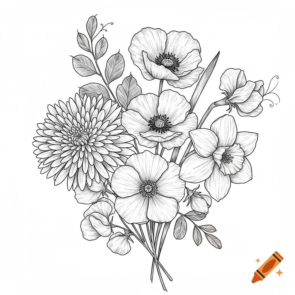 Black and white line drawing of a bouquet of chrysanthemum, poppies, daffodil, and sweet peas.