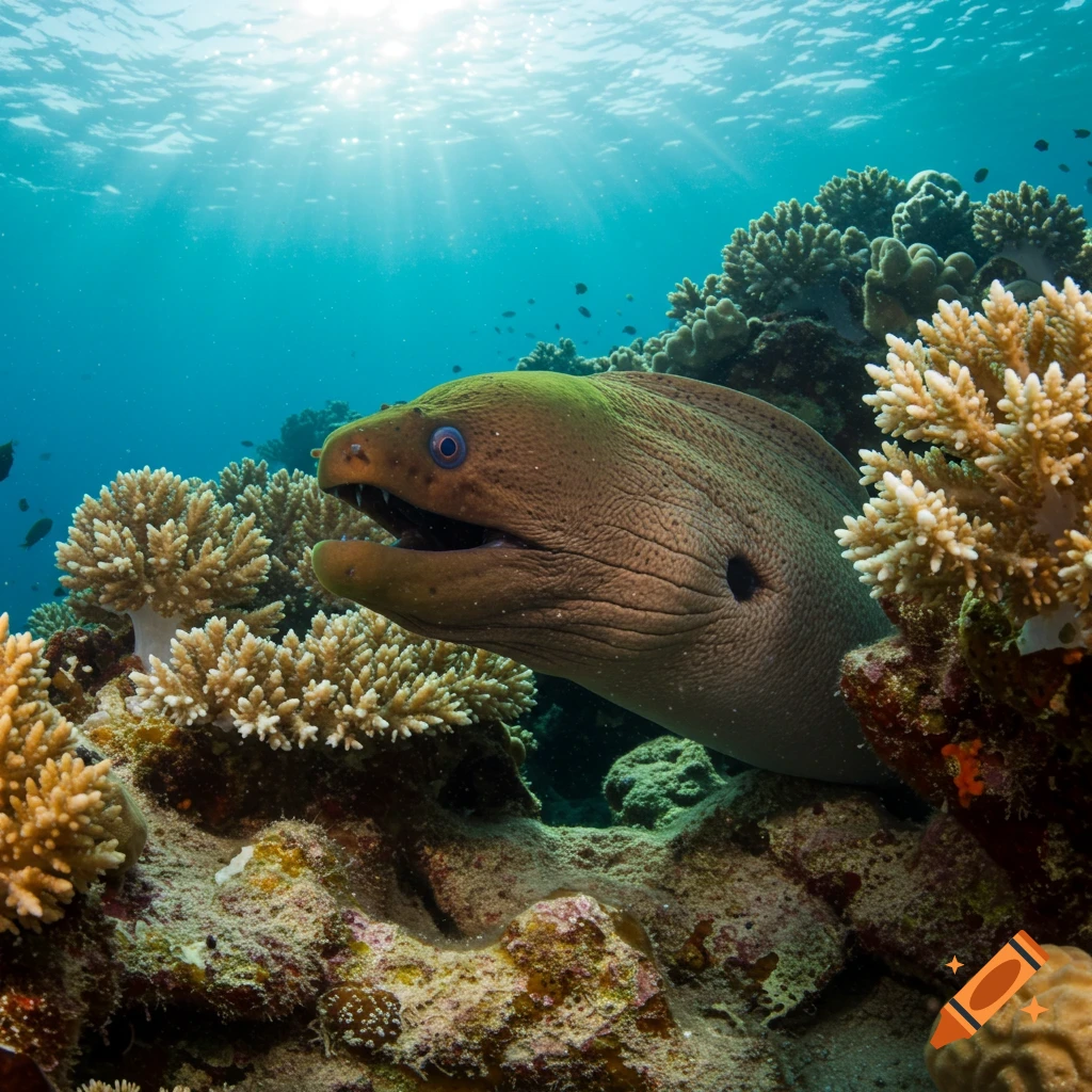 A moray eel peeks from behind coral in a sunny underwater reef