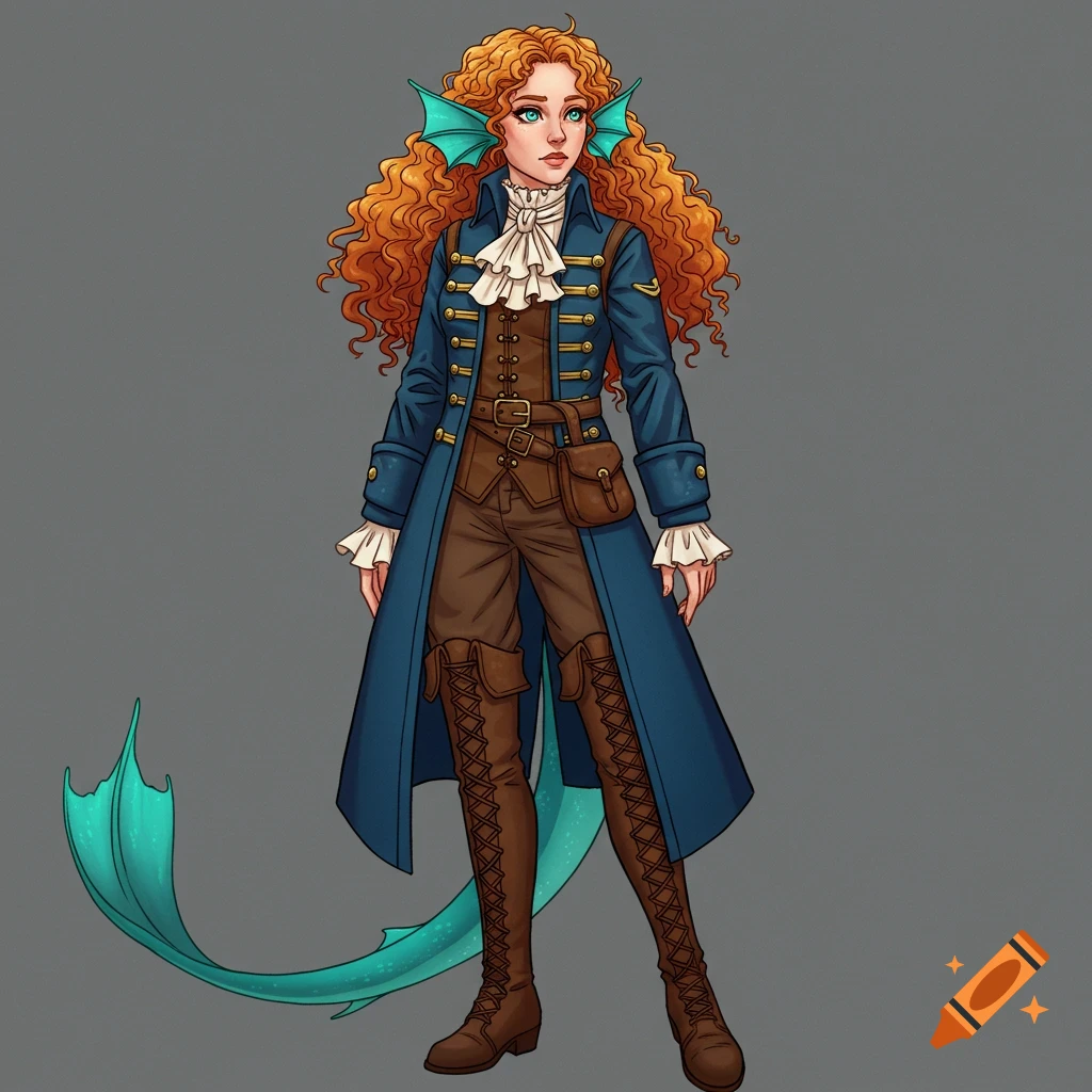 Stylized fantasy character with orange hair, fin ears, blue eyes, in blue coat, brown steampunk outfit, boots, and tail.
