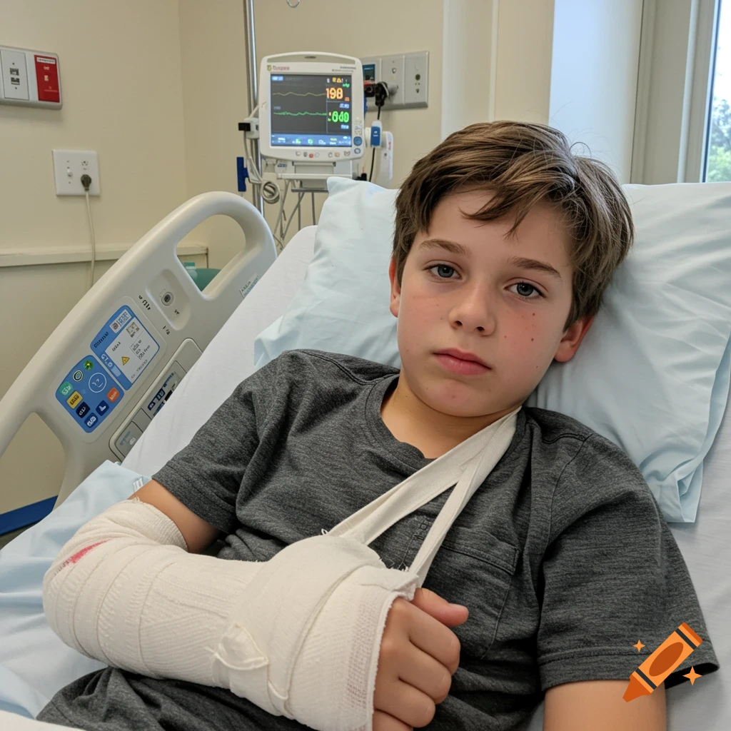A boy with a broken arm in a cast lies in a hospital bed.