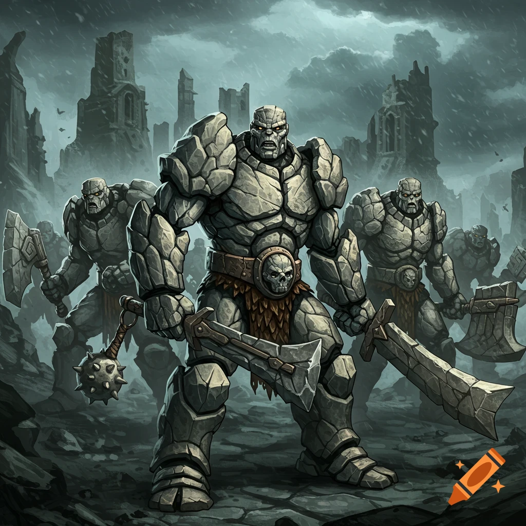 Rock soldiers stand in a ruined landscape holding swords, axes, and maces.