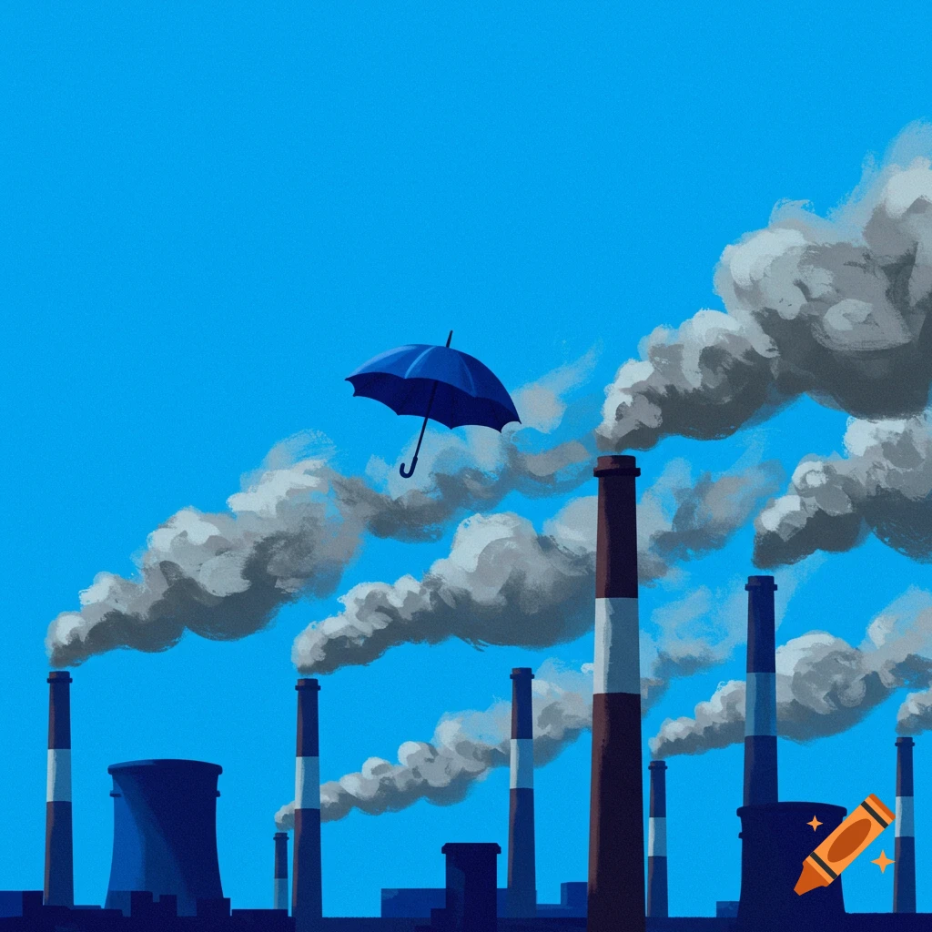 Smoking industrial chimneys with a blue umbrella floating in a blue sky