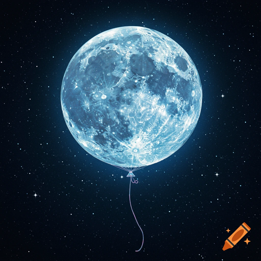 A glowing blue moon shaped like a balloon in space with stars.