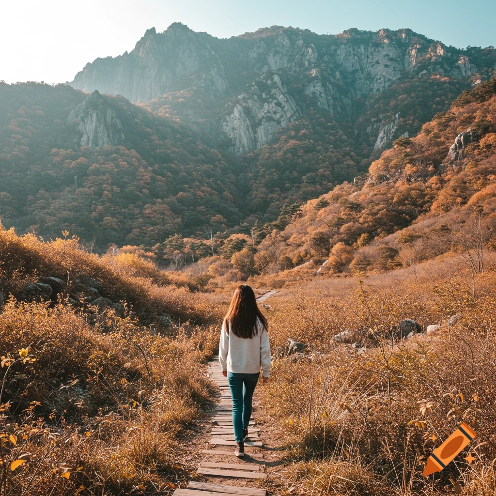 A person walks on a wooden path towards mountains in autumn, photorealistic style.