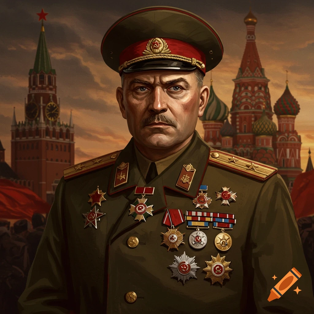 Portrait of a Soviet general in uniform with medals, standing before the Kremlin and St. Basil's Cathedral.