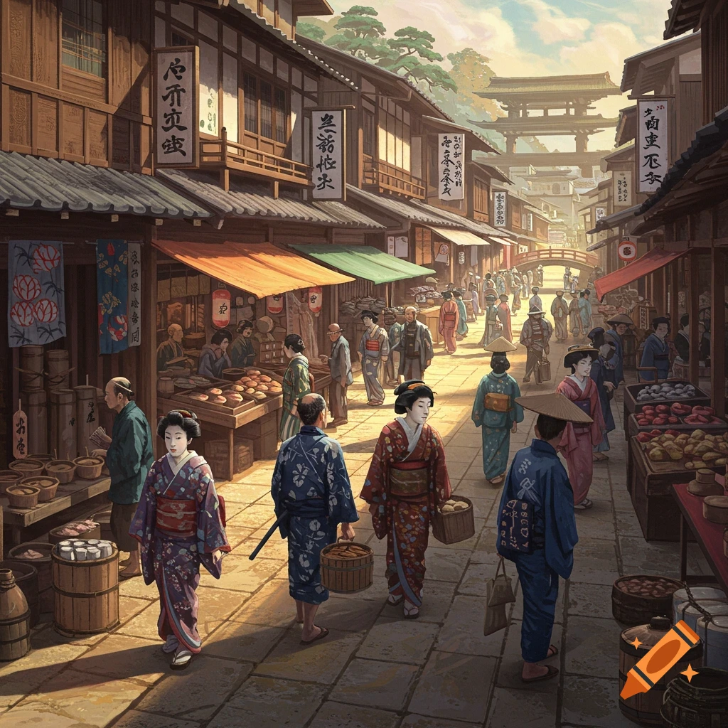 A busy market street in historical Japan with people in traditional clothing