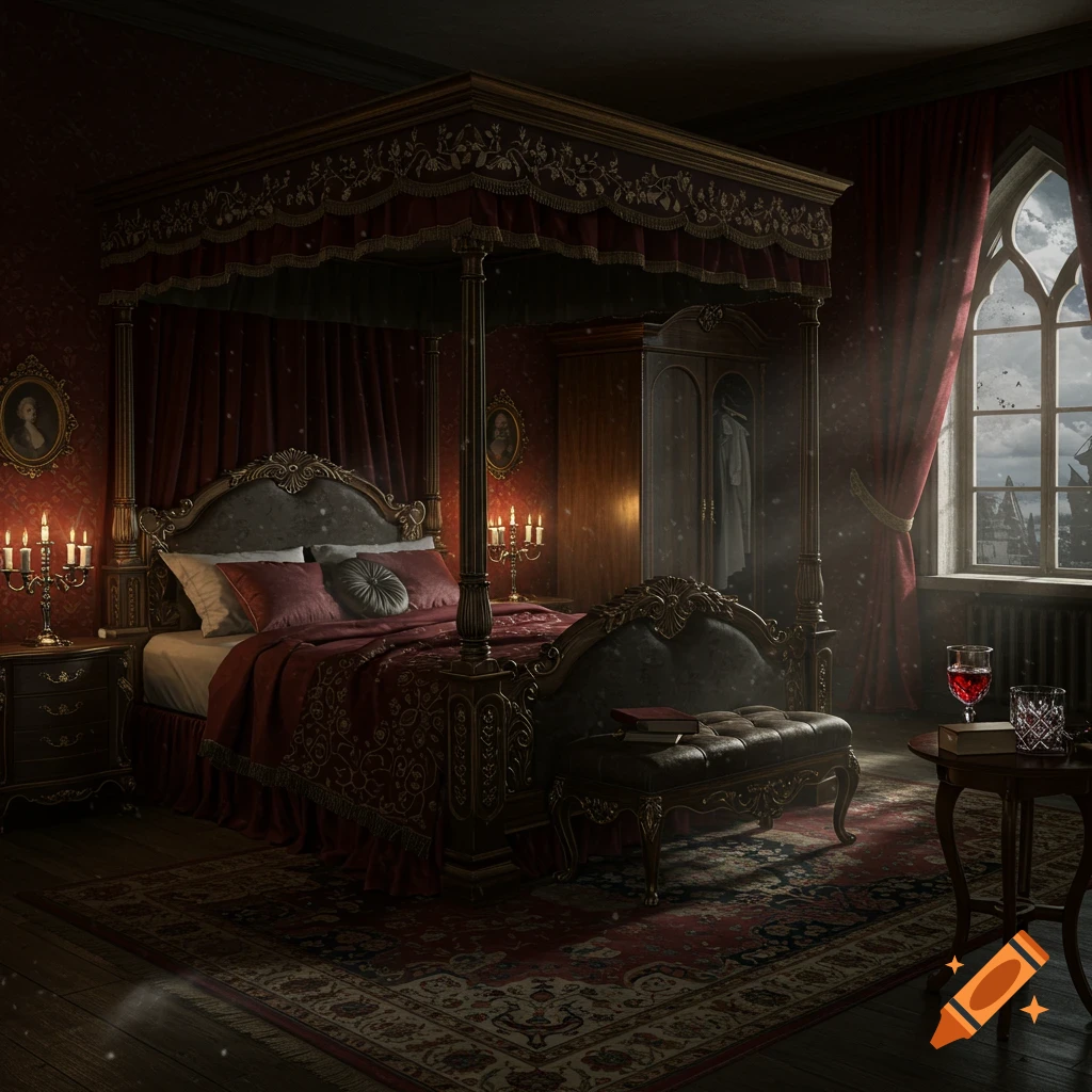 A gothic vampire bedroom with a canopy bed, red curtains, and a view of a city