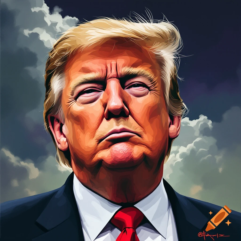 Portrait of Donald Trump against a cloudy sky.