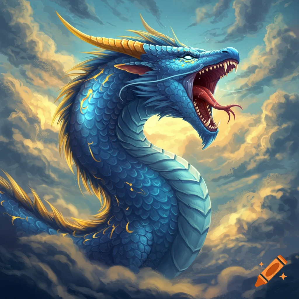 A blue dragon with golden accents roaring among clouds