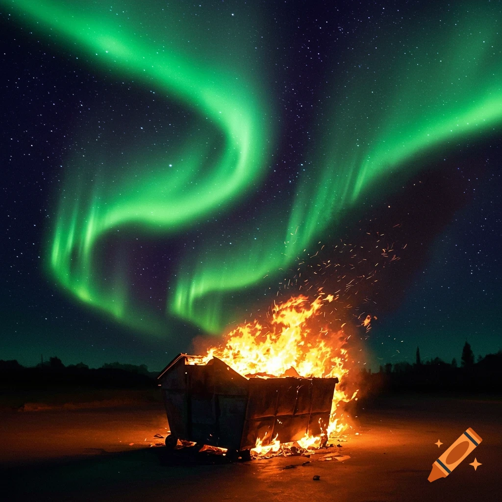 A burning dumpster under the green northern lights.