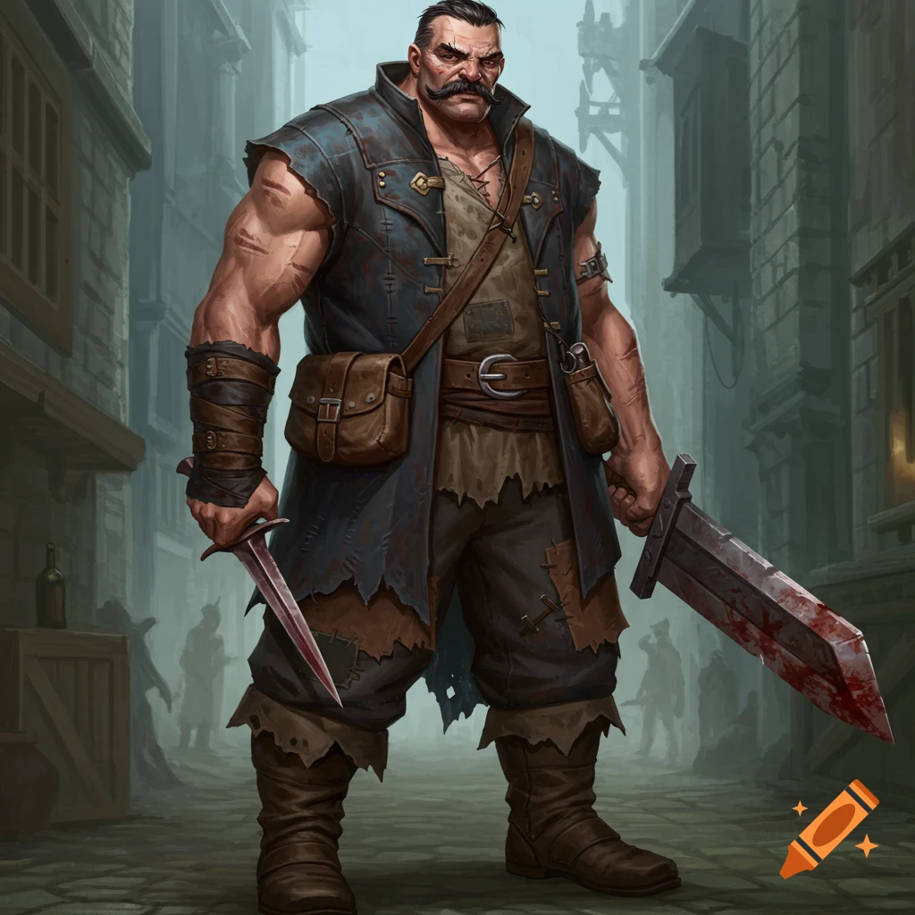 Muscular fantasy character holding a bloody sword and dagger in an alley