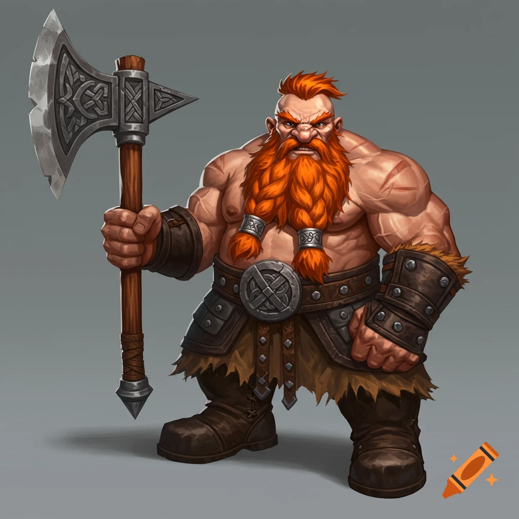 A muscular dwarf with an orange braided beard and mohawk, holding a battle axe.