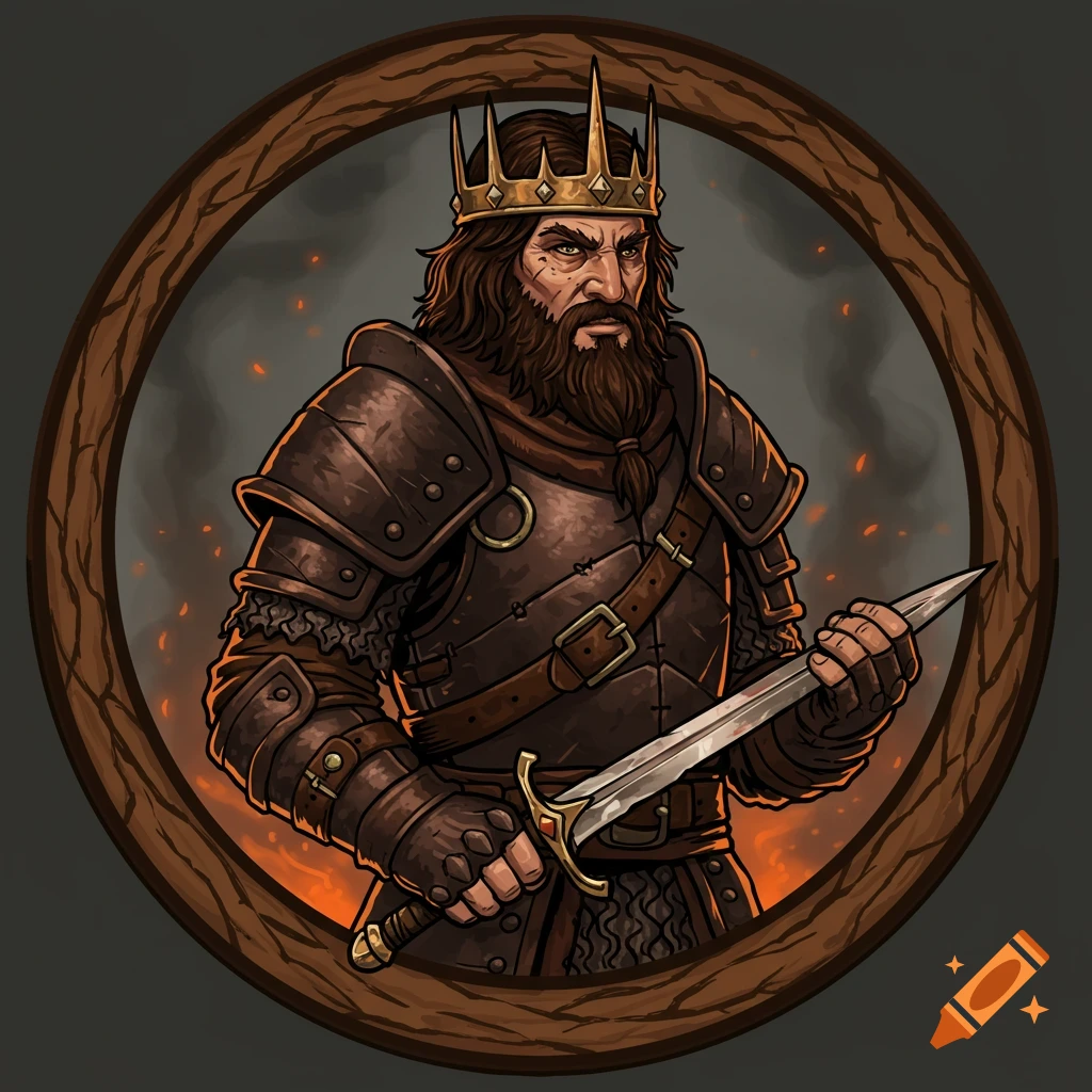 Illustration of a fierce bandit king with a beard and crown, holding a sword within a circular frame.