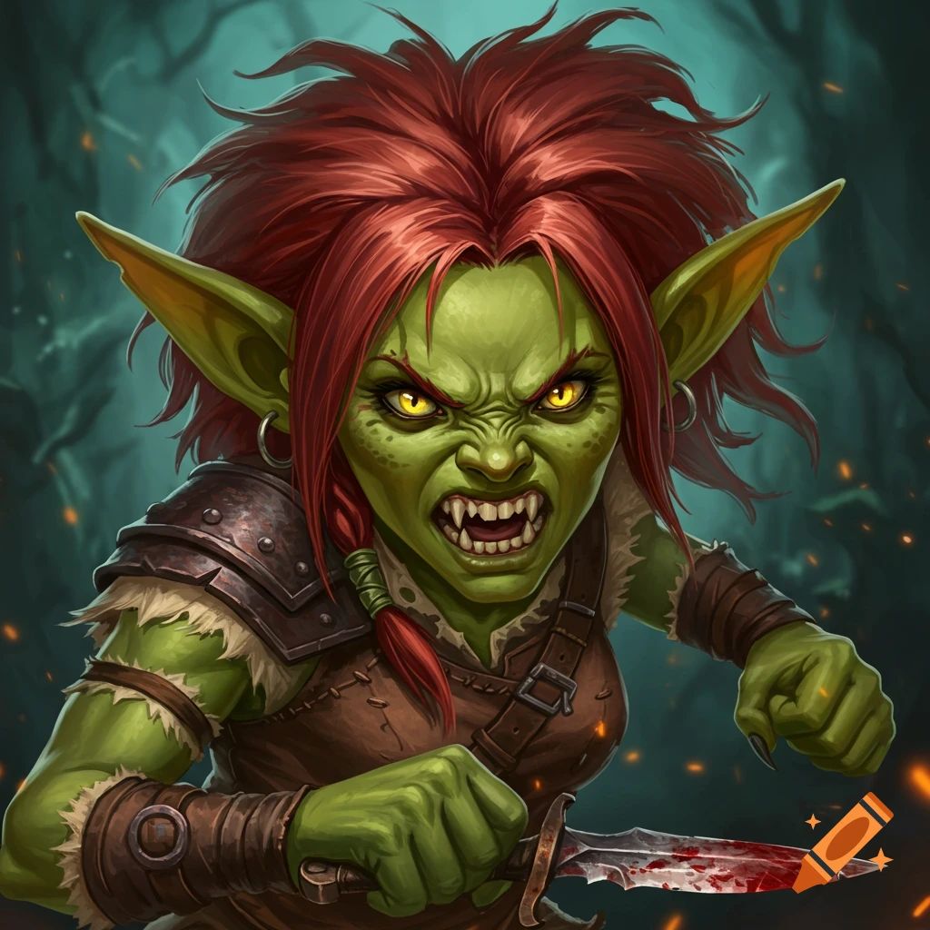 Angry goblin woman snarls, holding a bloody knife in a dark forest.