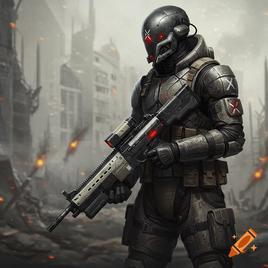 A futuristic soldier in a helmet and armor, holding a rifle in a ruined city warzone.