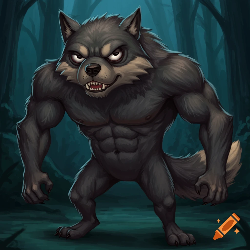 Muscular anthropomorphic wolf stands in a dark forest.