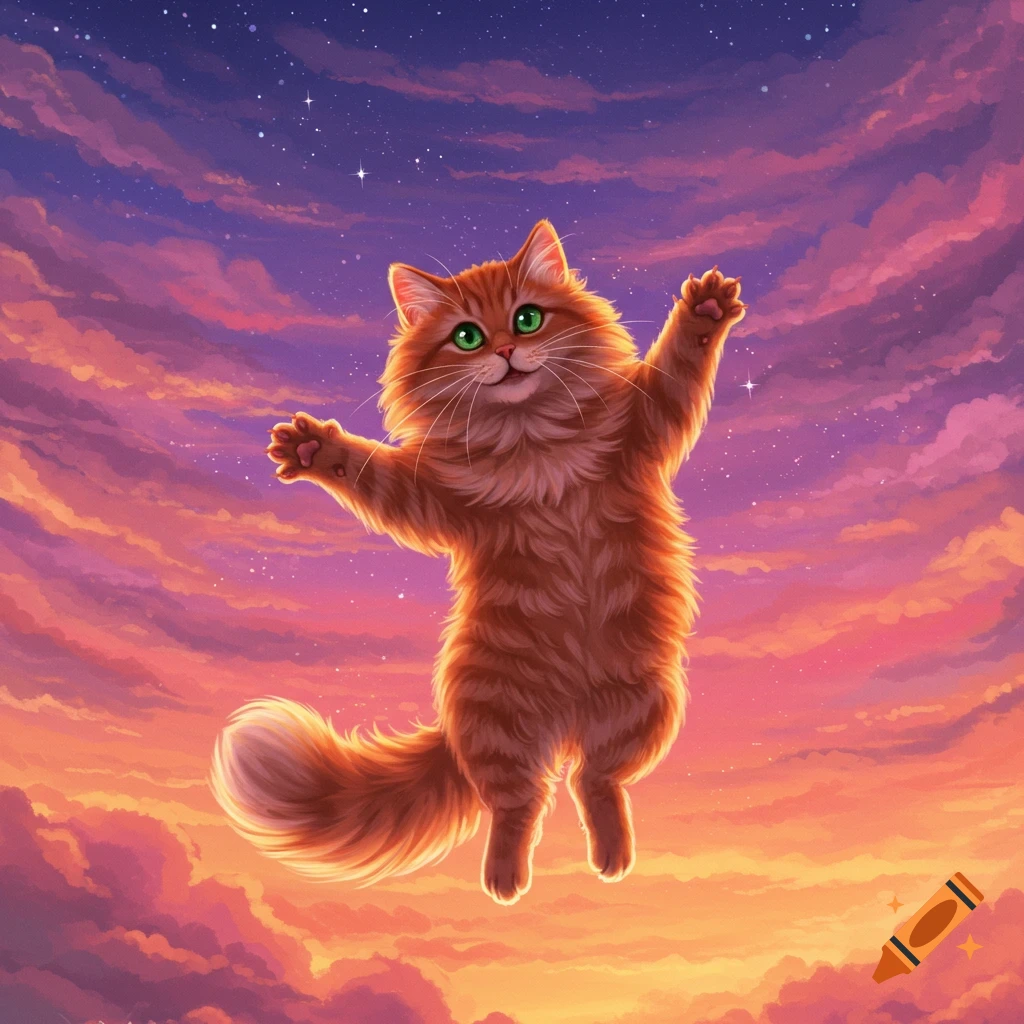 A fluffy orange cat flies through a colorful cloudy sky with stars.