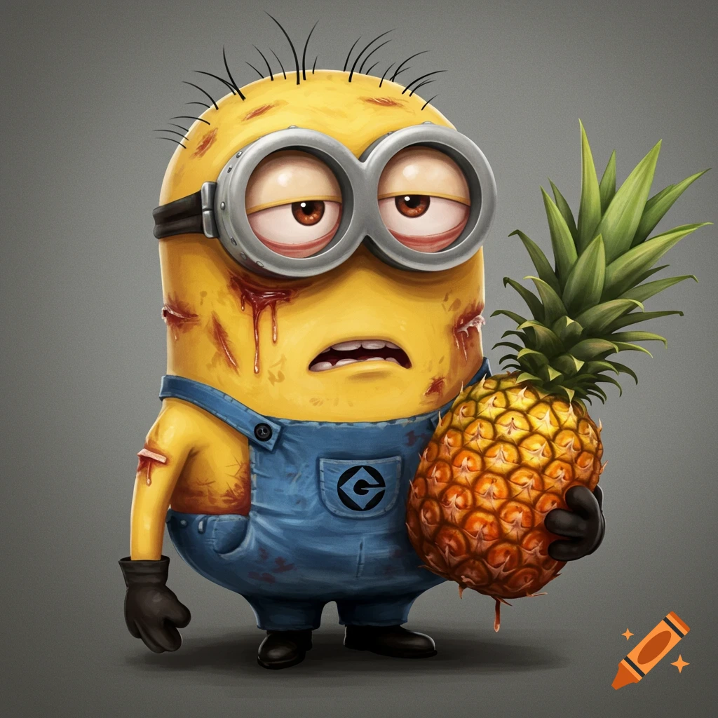 A stylized illustration of a beaten Minion with blood and scratches, holding a pineapple.