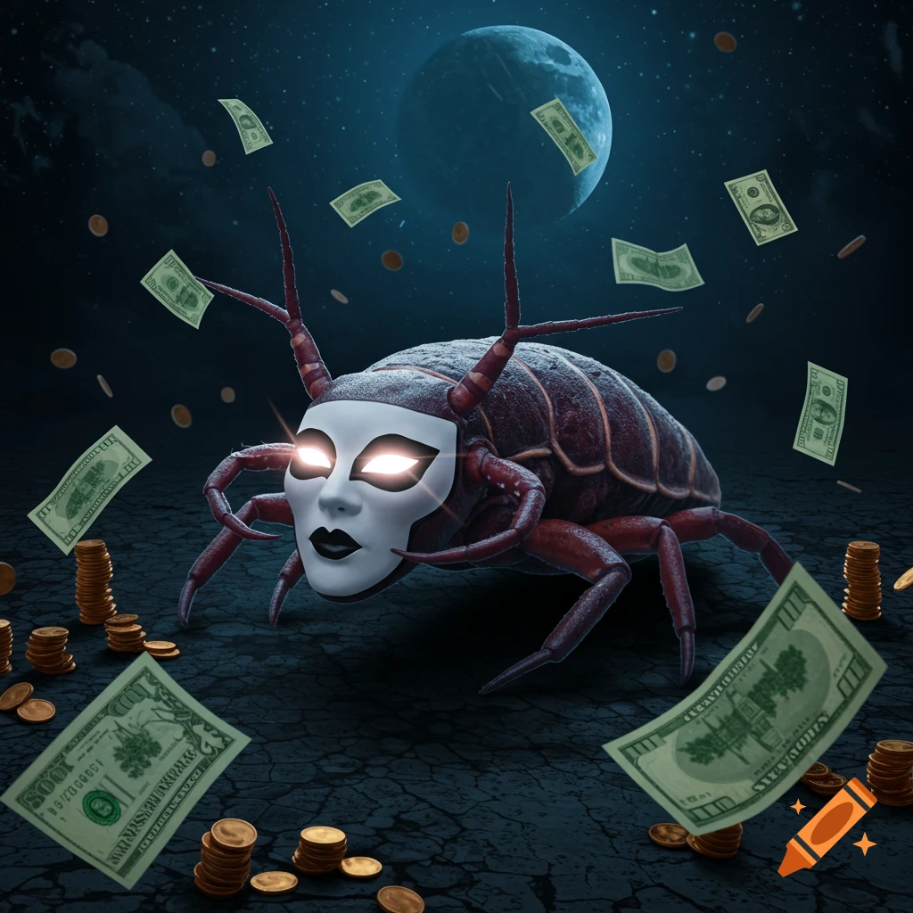 A creature wearing a mask stands amidst floating money and coins under a large moon.