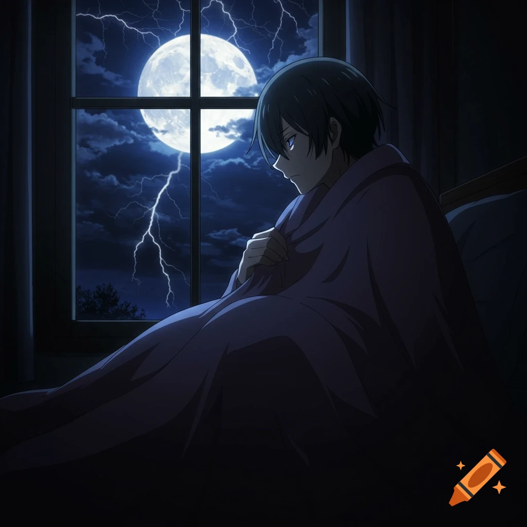 Anime illustration of a person in bed, wrapped in a blanket, looking out a window at a stormy night with a full moon and lightning.