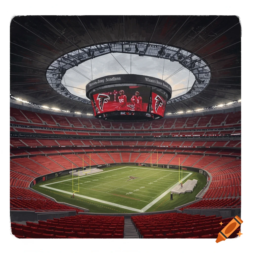 The interior of an American football stadium with red seats, a large videoboard, and an open roof.