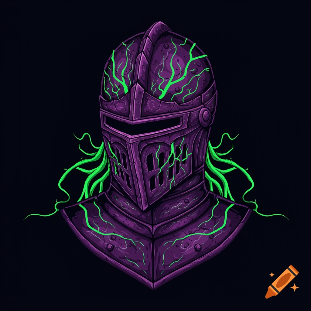 A purple knight helmet with green veins in vector art style