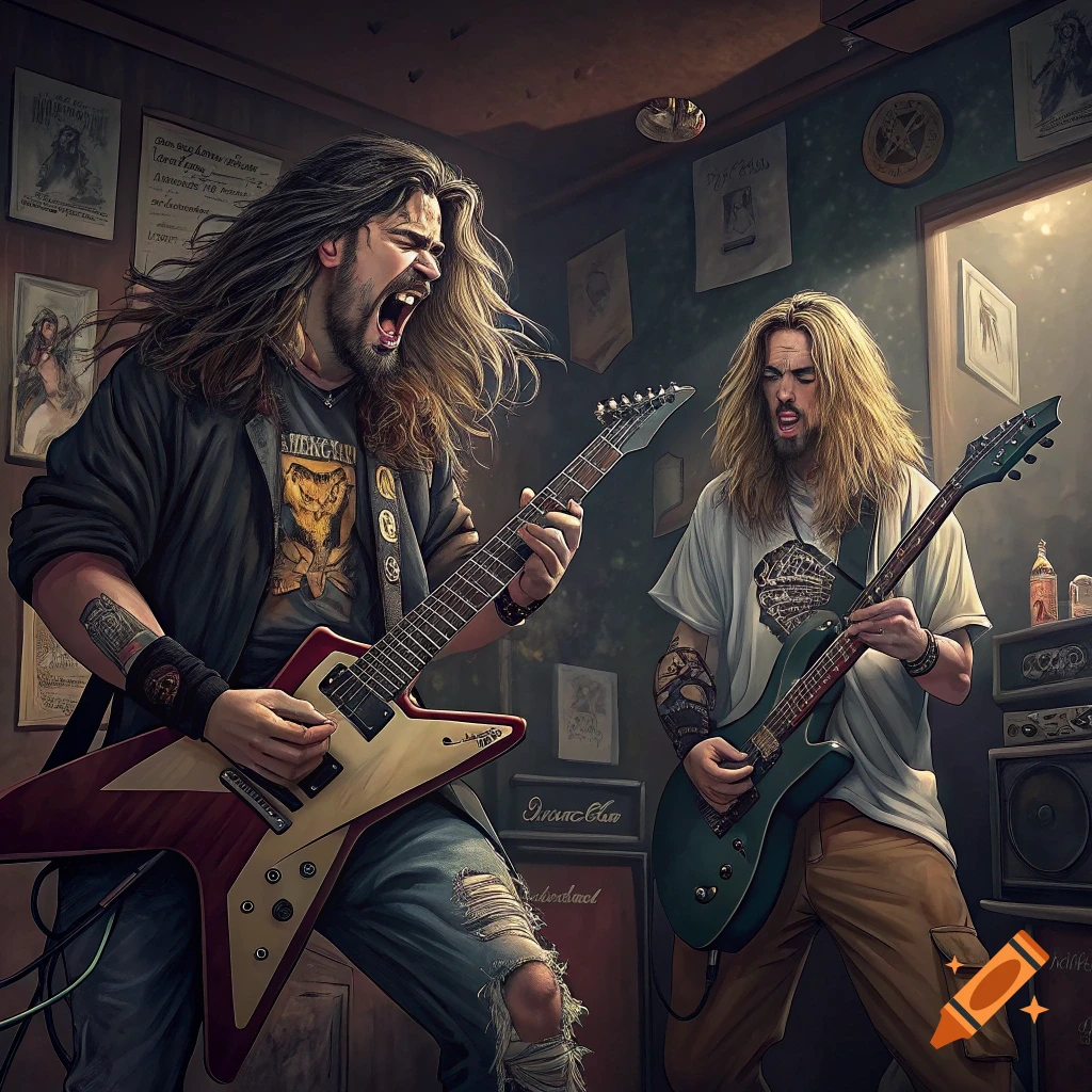 Two long-haired men play electric guitars in a practice room with posters and amps.