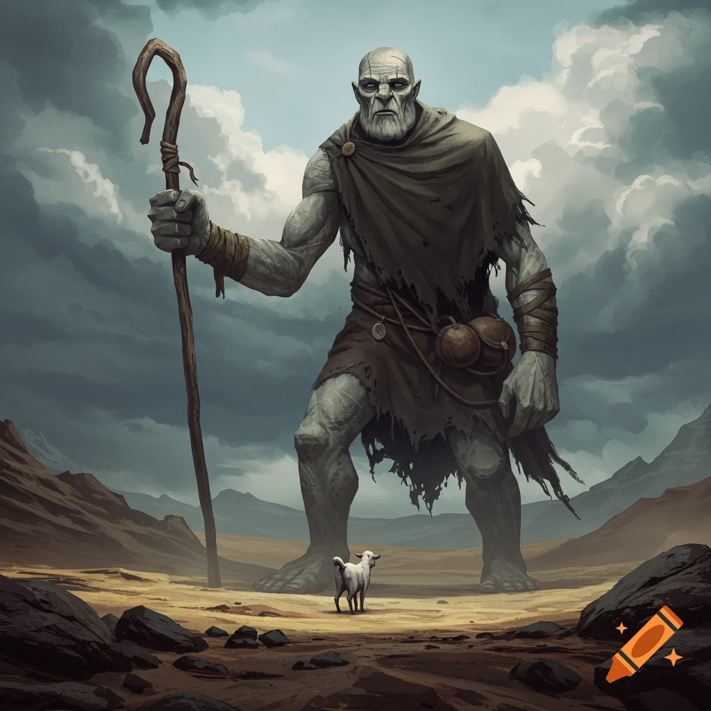 A large, grey giant in a tattered cloak stands in a rocky landscape with a small white goat, holding a shepherd's staff.