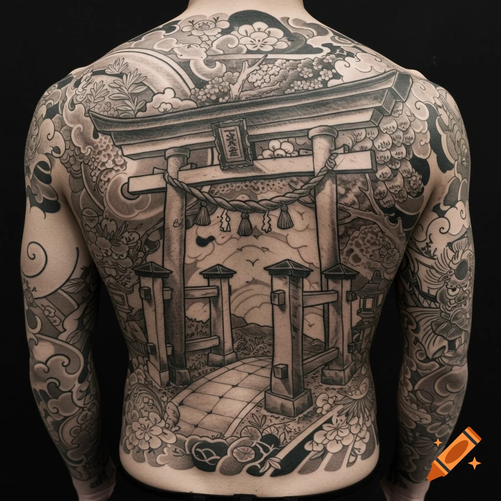 Large Irezumi back tattoo depicting a Torii gate, clouds, trees, and flowers in grayscale.