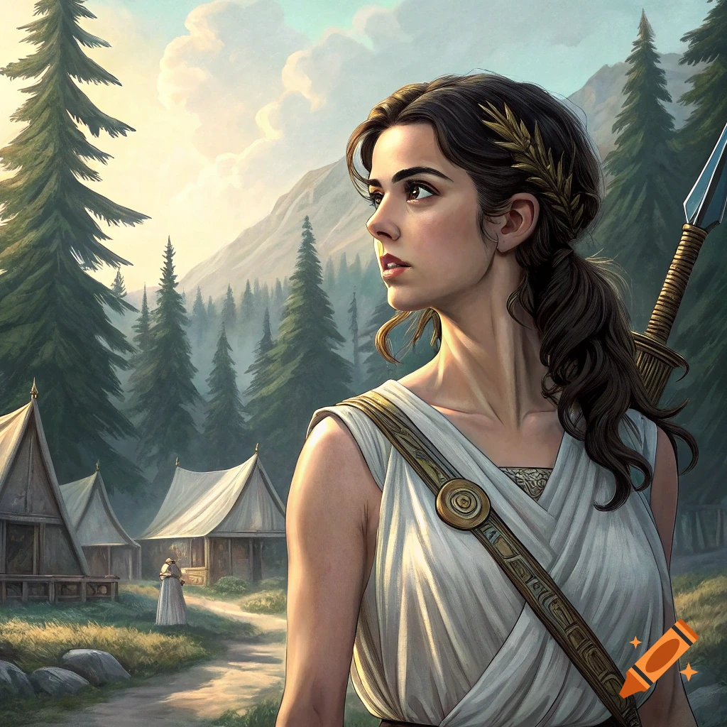 Illustration of a woman in Greek attire with a spear in a fantasy camp setting.