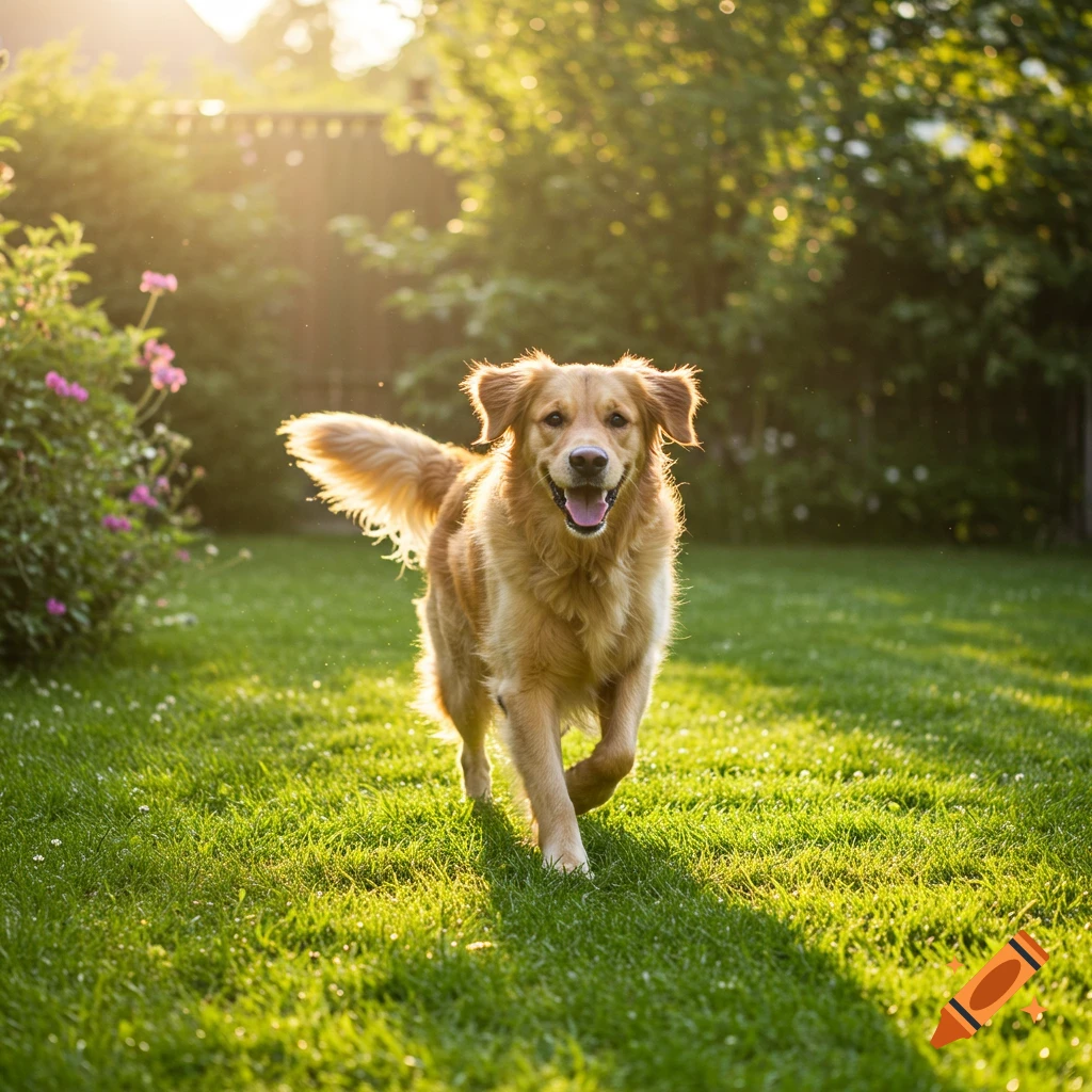 A happy golden retriever runs through a sunny green yard