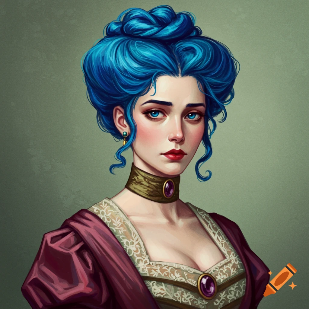A portrait of a woman with bright blue hair in an updo, wearing an ornate historical dress and choker.