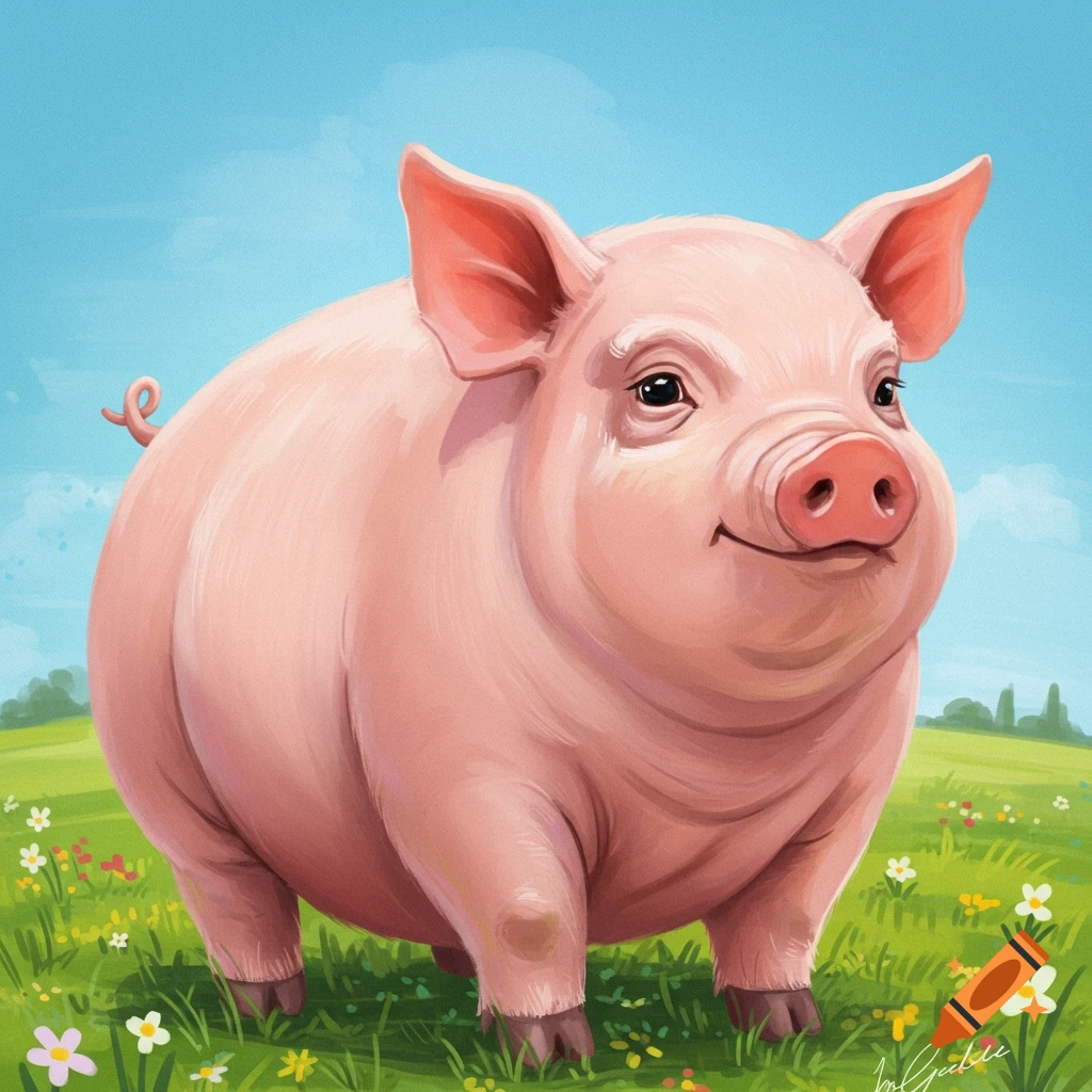 A plump pink pig standing in a grassy field with flowers under a blue sky.