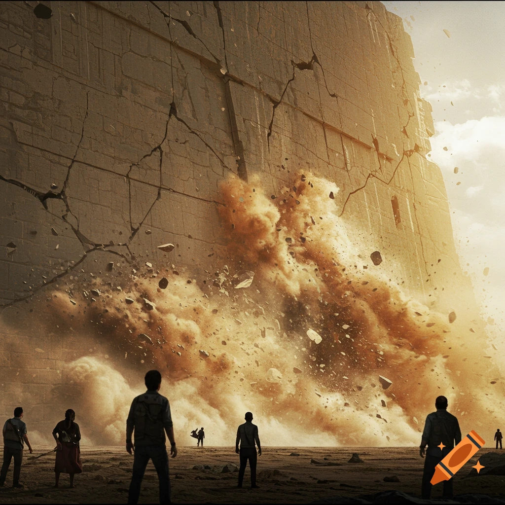 People watching a massive wall collapse, sending dust and debris into the air.