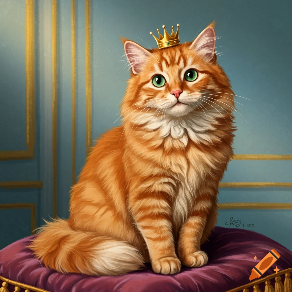 A majestic orange cat wearing a small golden crown, sitting on a purple ...
