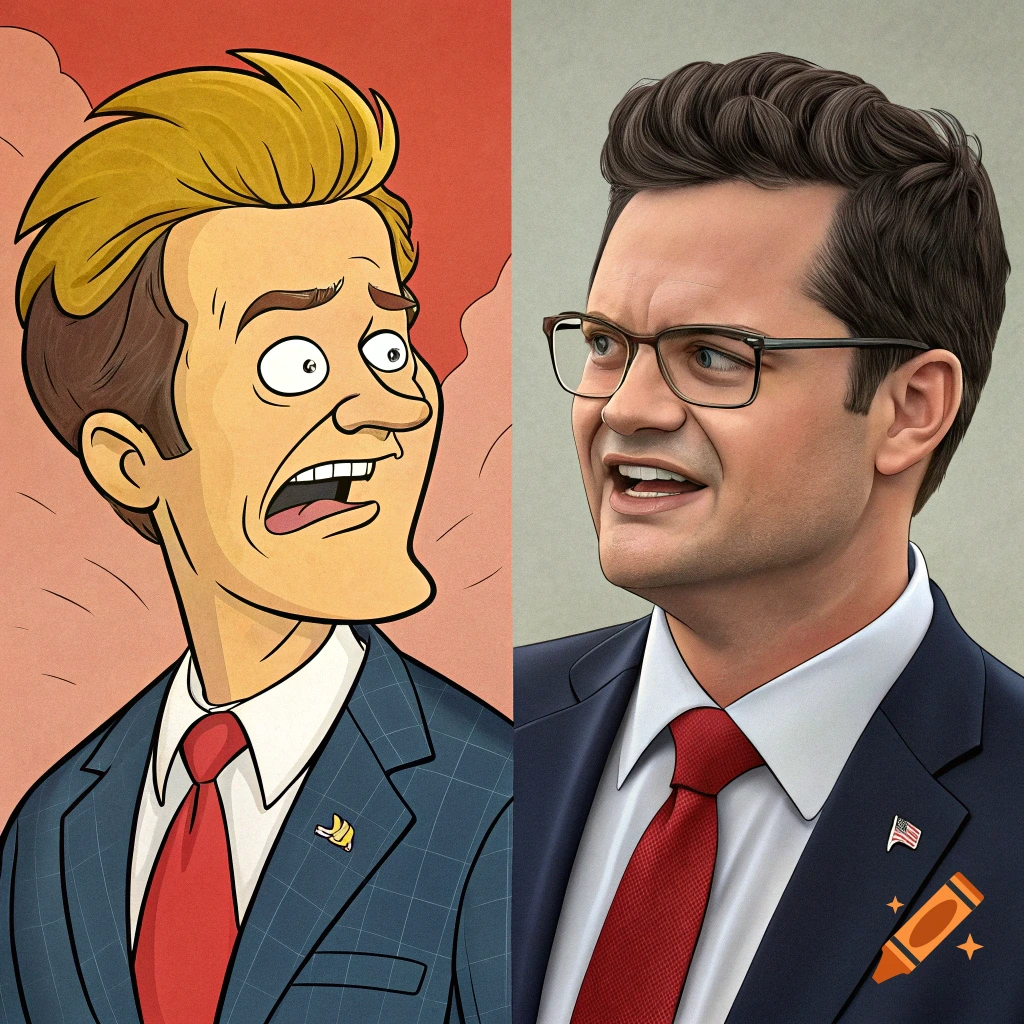Split image shows cartoon caricature of a man in a suit on the left and a realistic portrait of a man in a suit and glasses on the right.