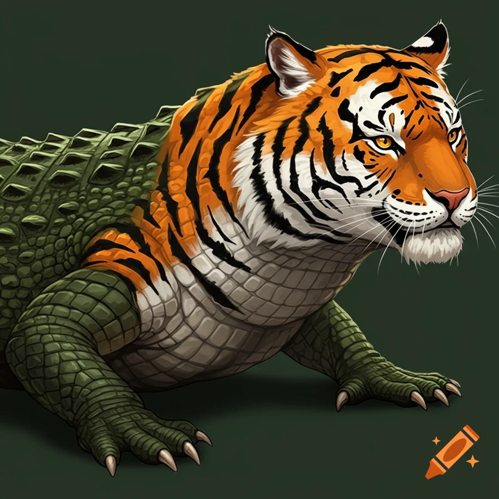 A hybrid creature with a tiger head and front body and an alligator back and legs.