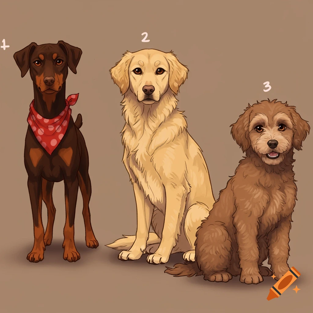 Cartoon illustration of a Doberman, Golden Retriever, and Labradoodle puppy.